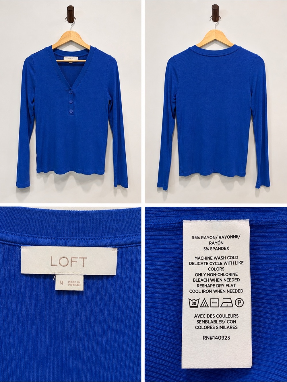 LOFT Cobalt Blue Ribbed Long Sleeve Henley Top M